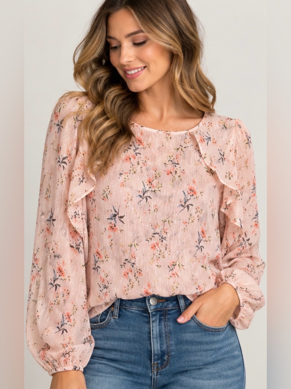 Worthington Floral Sheer Ruffle Blouse Size L Pink Long Sleeve